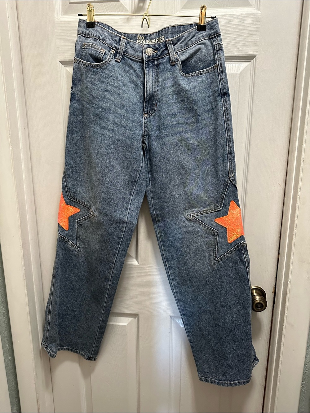 No Boundaries Women's Blue Straight-Leg Jeans with Upcycled Orange Star Patches